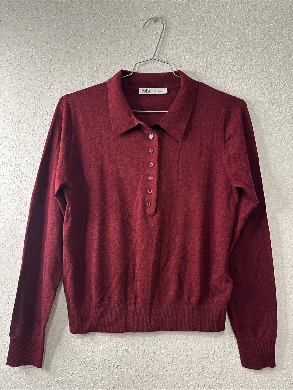 Zara Burgundy Long-Sleeve Polo Knit Sweater